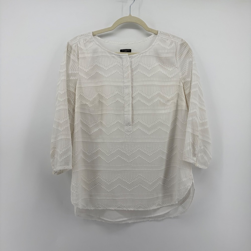 Talbots Womens Medium Petite White Blouse Textured Chevron 3/4 Sleeve Lined Top